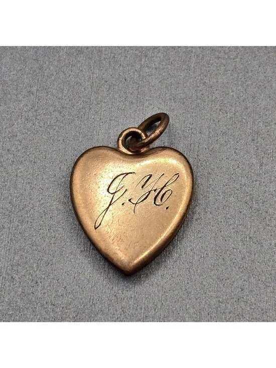 Antique Puffy Heart Charm Gold Filled Repousse Glass Paste Stone Pendant - Picture 3 of 8